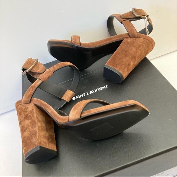 NWT Saint Laurent Oak 100 Khaki Suede Block Heel Ankle Strap Slingback Sandals - Picture 7 of 8